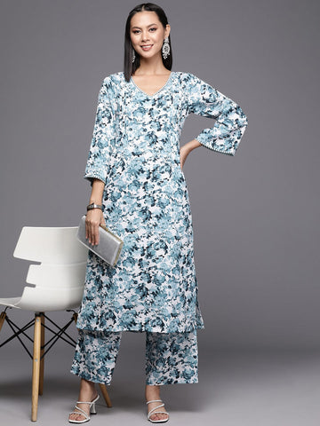 Varanga Women Women White & Blue Floral Printed A-Line Kurta With Bottom